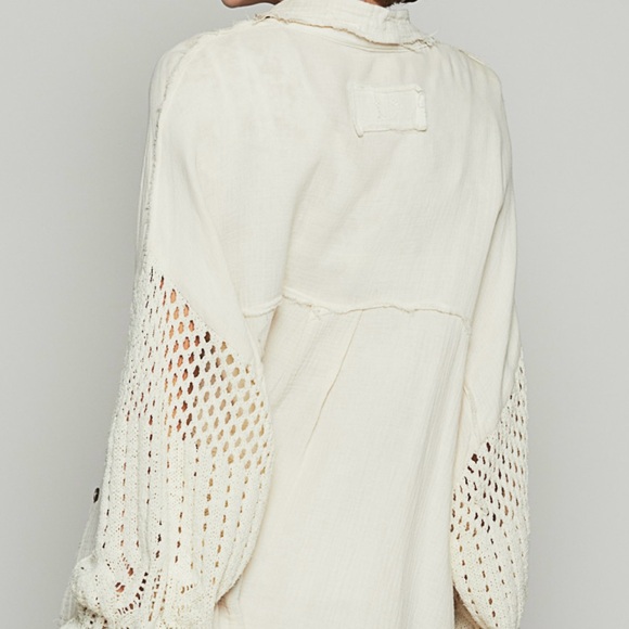 P58. NEW POL Natural Cream Crochet Knit Sleeve Button Down Shirt Cotton - Picture 4 of 9